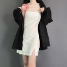 Tie-shoulder Faux Pearl Mini A-line Dress / Zip Jacket