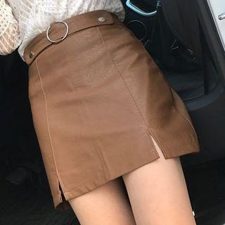Slit Hem Faux Leather A-line Skirt