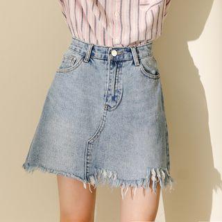 Fringed Hem Denim A-line Mini Skirt