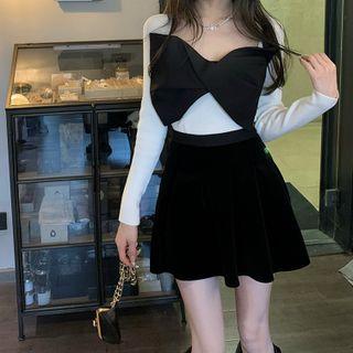 Bow Knit Top / Velvet A-line Skirt