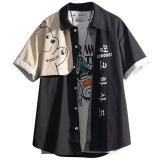 Two-tone Panel Cartoon Bear Print Shirt