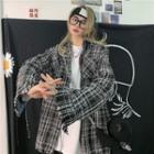 Distressed Plaid Shirt Jacket Black & Gray - One Size