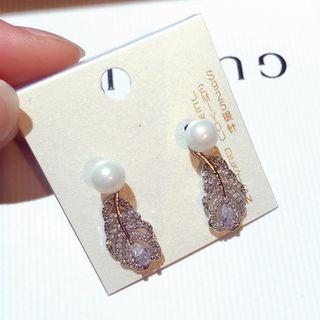 925 Sterling Silver Faux Pearl Rhinestone Leaf Dangle Earring Silver - One Size