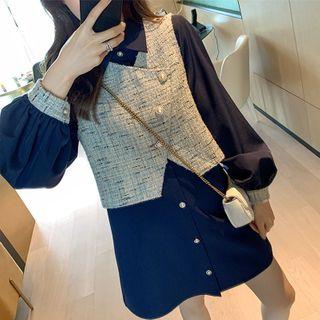 Set: Long-sleeve Mini A-line Shirtdress + Vest