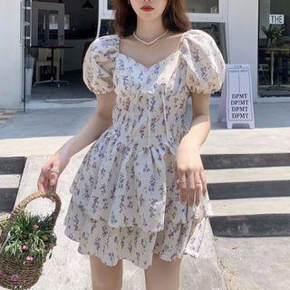Puff-sleeve Floral Mini A-line Dress Floral - Purple & White - One Size