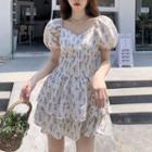 Puff-sleeve Floral Mini A-line Dress Floral - Purple & White - One Size