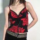 Roses Print Lace-trim Tie-front Camisole Top
