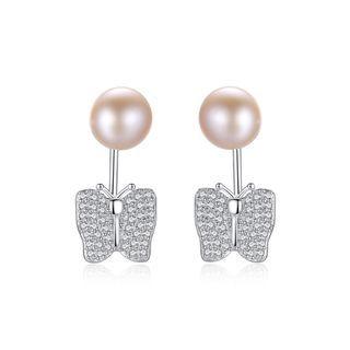 Sterling Silver Elegant Shining Butterfly Pink Freshwater Pearl Earrings With Cubic Zirconia Silver - One Size