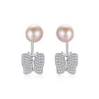 Sterling Silver Elegant Shining Butterfly Pink Freshwater Pearl Earrings With Cubic Zirconia Silver - One Size