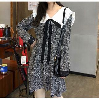 Contrast Collar Floral Print Buttoned Dress As Shown In Figure - One Size