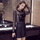 Set: Long-sleeve See Through Top + Faux Leather Pencil Skirt