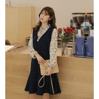 Inset Floral Blouse Ruffle-hem Dress