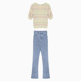 Short-sleeve Printed Knit Top / Mid Rise Washed Bootcut Jeans / Set