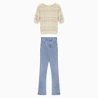 Short-sleeve Printed Knit Top / Mid Rise Washed Bootcut Jeans / Set