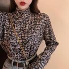 Mock-neck Floral Print Long-sleeve Top As Shown In Figure - One Size