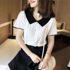 Short-sleeve Contrast Collar Faux Pearl Blouse