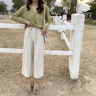 Plain Cardigan / Loose-fit Cropped Pants