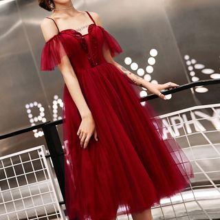 Short-sleeve Cold Shoulder Mesh A-line Midi Party Dress