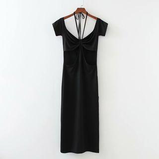 Short-sleeve Plain Cutout Halter Dress