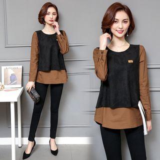 Mock Two-piece Long-sleeve Two-tone Top