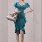 Short-sleeve V-neck Ruffle Trim Asymmetrical Hem Dress