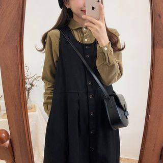 Balloon-sleeve Corduroy Shirt / Midi A-line Pinafore Dress