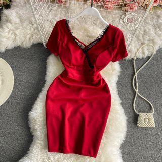 V Neck Skinny Open Back Lace Dress
