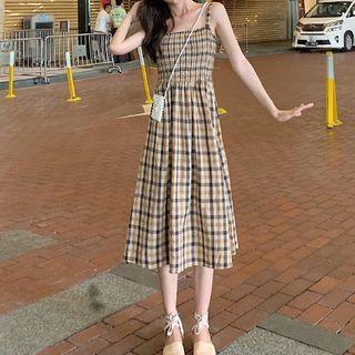 Spaghetti Strap Plaid Midi A-line Dress As Shown In Figure - One Size