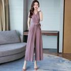 Set: V-neck Sleeveless Jumpsuit + Open Front Jacket