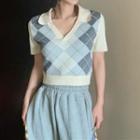 Short-sleeve Argyle Knit Top Blue & White - One Size