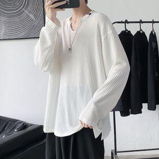 Long-sleeve Open-placket Textured T-shirt