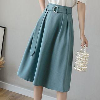 Plain Belted Midi A-line Skirt