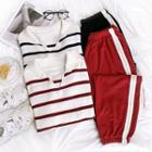 Long-sleeve V-neck Striped Knit Top / Contrast Trim Jogger Sweatpants