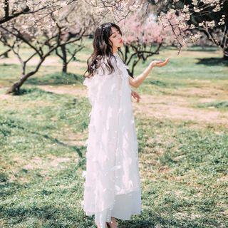 Set: Spaghetti Strap Midi A-line Dress + Hooded Butterfly Applique Cape