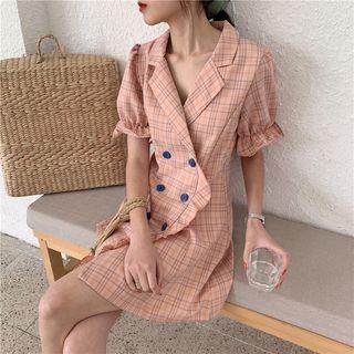 Elbow-sleeve Frill Trim Plaid Double Breasted A-line Mini Dress