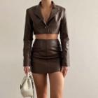 Set: Cropped One-button Faux Leather Blazer + Mini Pencil Skirt