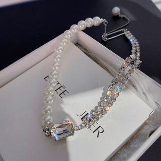 Rhinestone Faux Pearl Choker Silver - One Size