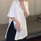 Elbow-sleeve Plain Side Slit Loose Fit T-shirt White - One Size