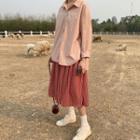 Long-sleeve Plain Shirt / Striped Midi A-line Skirt