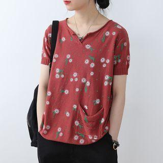 Floral Short-sleeve Pocket Knit Top