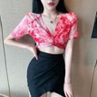 Tie-dye Print Short-sleeve Twist Cropped T-shirt As Shown In Figure - One Size