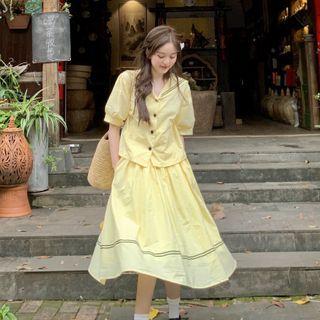 Elbow-sleeve Sailor Collar Blouse / Midi A-line Skirt