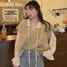 Flared-cuff Stand-collar Tie-strap Chiffon Blouse / V-neck Plain Knit Vest