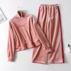 Set: Letter Embroidered Pullover + Color Block Wide-leg Pants