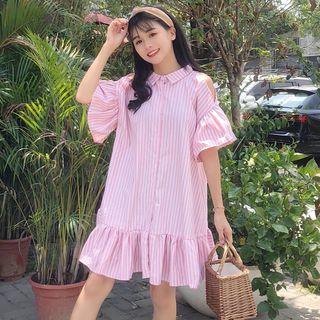 Striped Short-sleeve Cold-shoulder Shirtdress