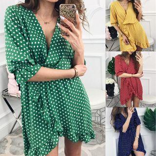 Dotted Elbow-sleeve Mini Shift Dress