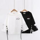 Side Lace-up Cartoon Print Hooded 3/4-sleeve T-shirt
