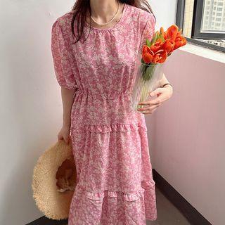 Short-sleeve Drawstring Floral A-line Midi Dress