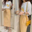 Lemon Print Short-sleeve T-shirt / Plaid Midi Straight-fit Skirt
