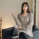 V-neck Furry Cable-knit Sweater